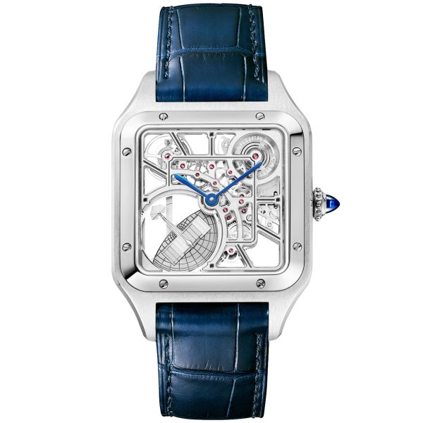 Santos-Dumont Large Steel Skeleton Dial Automatic Strap Watch