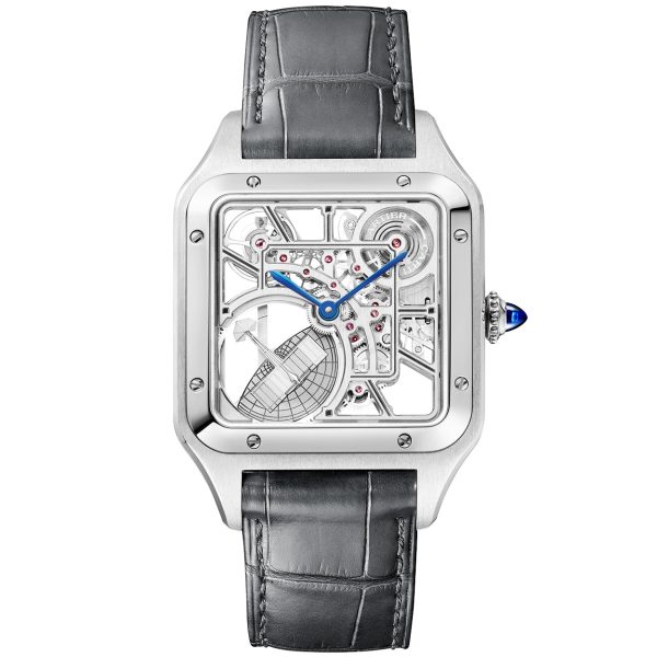 Santos-Dumont Large Steel Skeleton Dial Automatic Strap Watch